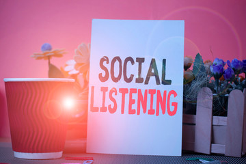 Word writing text Social Listening. Business photo showcasing analyzing the conversations and trends of your product Flowers and stationary plus plain sheet with paper big cup above a table