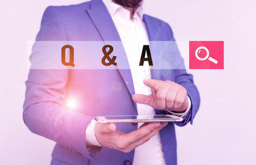 Text sign showing Q And A. Business photo text a period of time or an occasion when someone answers...