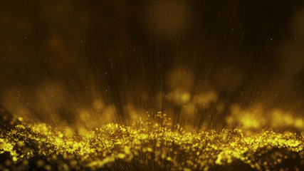 Golden rain, gold glitter particles falling. Glowing glittering lights on golden threads, shiny sparkling light and shimmer particles