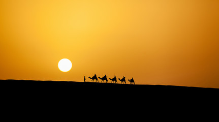 Abstract Silhouette of camel caravan in the desert during sunset