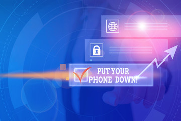 Obraz premium Word writing text Put Your Phone Down. Business photo showcasing end telephone connection saying goodbye caller Picture photo system network scheme modern technology smart device