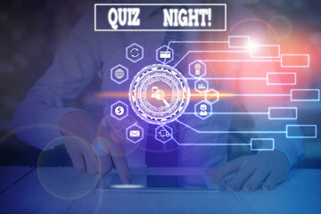 Writing note showing Quiz Night. Business concept for evening test knowledge competition between individuals Woman wear formal work suit present using smart latest device
