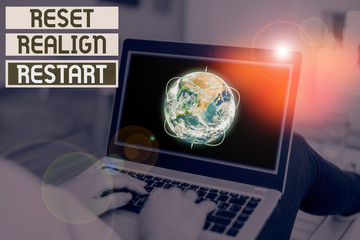 Handwriting text Reset Realign Restart. Conceptual photo Life audit will help you put things in perspectives Picture photo system network scheme modern technology smart device and Elements of this