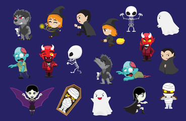 Cute Halloween Big Head Characters Various Poses Vector Cartoon