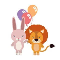 Glasschilderij Dieren met ballon schattige kleine leeuw en konijn met heliumballonnen