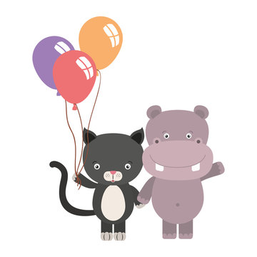 cute little cat with hippo and balloons helium
