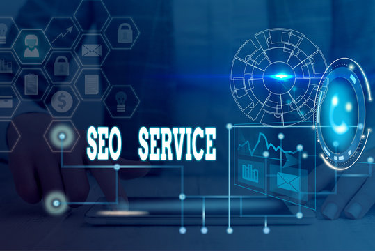 Writing note showing Seo Service. Business concept for techniques and procedures to increase the website visibility Picture photo network scheme with modern smart device