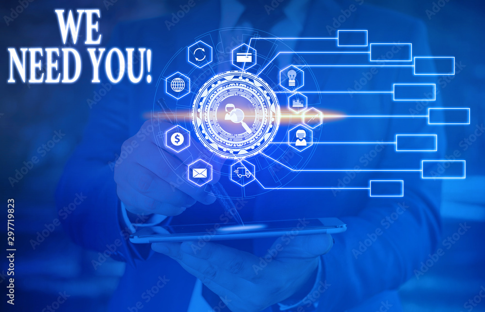 Poster text sign showing we need you. business photo text asking someone to work together for certain job o