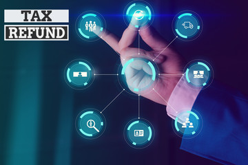 Handwriting text writing Tax Refund. Conceptual photo refund on tax when the tax liability is less than the tax paid Picture photo system network scheme modern technology smart device