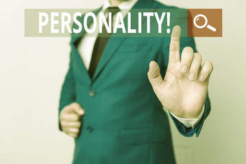 Conceptual hand writing showing Personality. Concept meaning combination characteristics that form individuals character Businessman with pointing finger in front of him