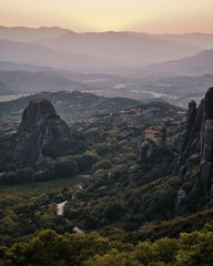 landscape image of Meteora Greece at sunset