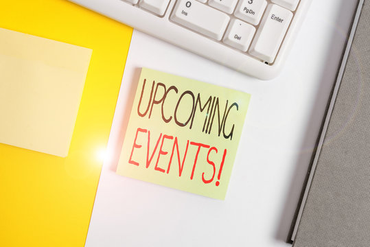 Text sign showing Upcoming Events. Business photo showcasing the approaching planned public or social occasions Empty blank paper with copy space and pc keyboard above orange background table