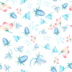 Obraz premium Seamless pattern with pink hellebore flowers, buds, leaves, decorative twigs on white isolated . Watercolor illustration, handmade.