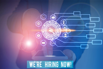 Word writing text We Re Hiring Now. Business photo showcasing recently employ someone or pay...