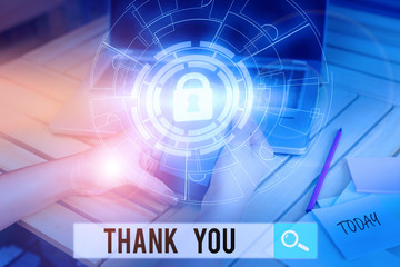 Handwriting text Thank You. Conceptual photo a polite expression used when acknowledging a gift or service Picture photo system network scheme modern technology smart device