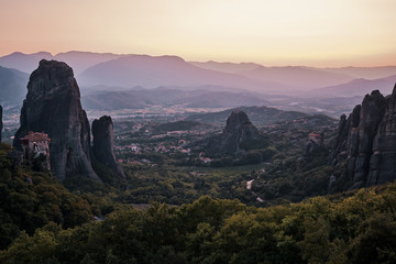 landscape image of Meteora Greece at sunset