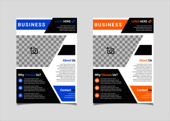 Business flyer template vector design, A4 brochure template blue and amber geometry shapes used for business poster layout, IT Company flyer, corporate banners, and leaflets