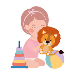 Naklejka premium cute little girl baby with lion and toys character