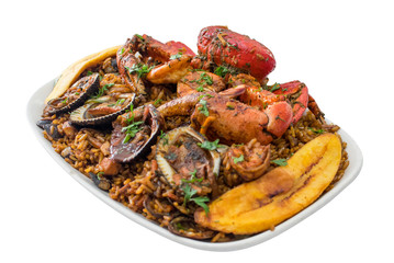 Seafood with rice isolated in a white backgorund. Delicious ecuadorian dish with crab, shrimps,...