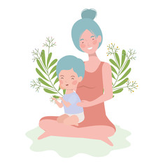 cute pregnancy mother seated with little boy characters