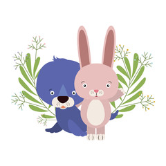 cute little rabbit and seal with wreath crown
