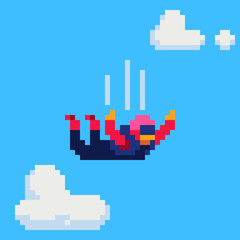 Skydiver character. Parachutist flying through clouds pixel art vector illustration. Skydiving, parachuting sport. Jumping with parachute. Design for web and mobile app.