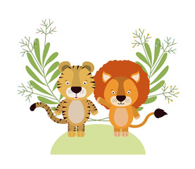 Obraz na płótnie Canvas cute little tiger and lion with wreath crown