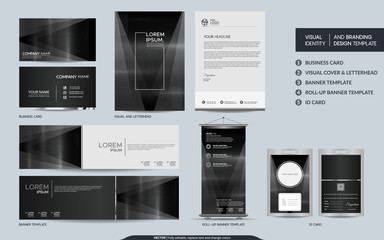 Modern dark metal stationery mock up set and visual brand identity with abstract overlap layers background.