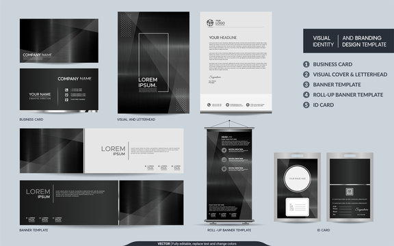 Modern dark metal stationery mock up set and visual brand identity with abstract overlap layers background.