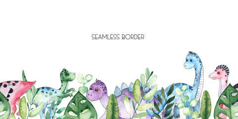 Watercolor and graphic dinosaurs seamless borders withTriceratops, Brachiosaurus, Stegosaurus, Pteranodon, Hypacrosaurus, Tyrannosaurus on white background © Анна Егорова