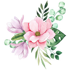 Watercolor floral bouquets with pink and lilac tropical flowers magnolias and leaves