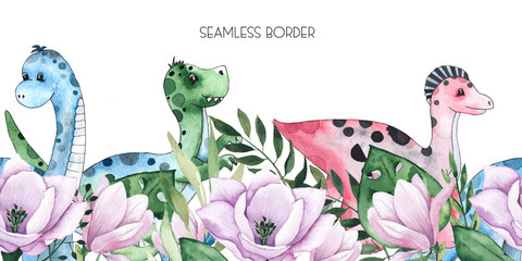 Watercolor and graphic dinosaurs seamless borders withTriceratops, Brachiosaurus, Stegosaurus, Pteranodon, Hypacrosaurus, Tyrannosaurus on white background © Анна Егорова