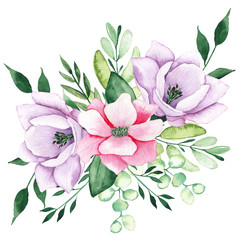 Watercolor floral bouquets with pink and lilac tropical flowers magnolias and leaves