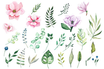 Naklejka premium Watercolor elements clipart with pink and lilac tropical flowers magnolias and leaves