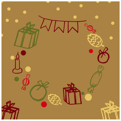 Happy New Year vector card doodle with a gift candy flag candle clapperboard round frame for the inscription in the middle