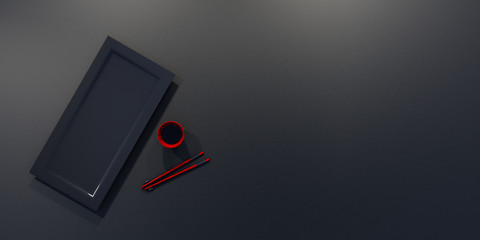 Empty plate and chopsticks over stone table, empty square slate plate and bowl for soy sauce on black wooden table. Flat lay. Mock-up. Asian food concept. Copy space