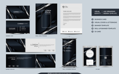 Luxury black silver stationery mock up set and visual brand identity with abstract overlap layers background