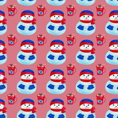 seamless pattern in Christmas theme snowman and cocoa mug