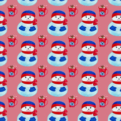 seamless pattern in Christmas theme snowman and cocoa mug