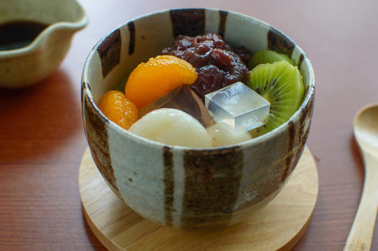 Anmitsu is a Japanese dessert that dates to the Meiji era. It is made of small cubes of agar jelly, a white translucent jelly made from red algae