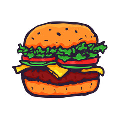 Burger Hand Drawn Fast Food Logo. Vector