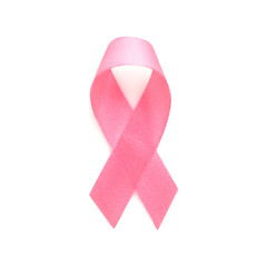 Pink breast cancer ribbon on white