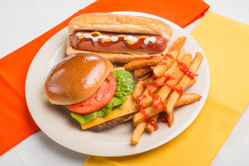 hotdog, hamburger and fries