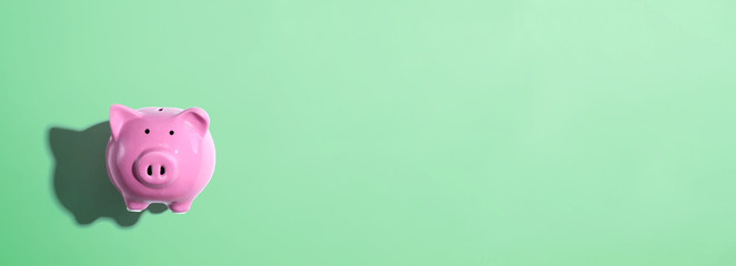 Pink piggy bank - overhead view flat lay