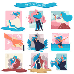 Secret dreams, womans fantasies isolated icons, love and traveling