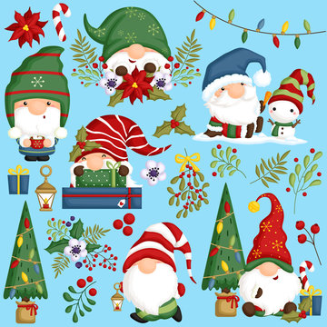 A Vector Set of Cute Gnomes in Various Positions and Actions for Christmas Season  