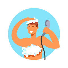 Taking shower, man in foam washing hair and body