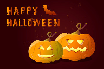Happy Halloween banner. Colored torn ragged letters with holiday symbols - spider web, spider, cat, pumpkin, castle, witch hat, mouse and pumpkins. Vector illustration.