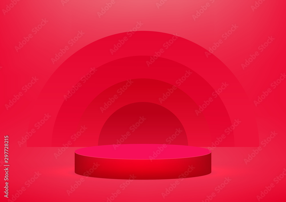 Poster empty podium studio red background for product display with copy space. showroom shoot render. banne