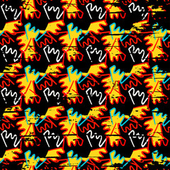 Graffiti on a black background Psychedelic seamless geometric pattern
